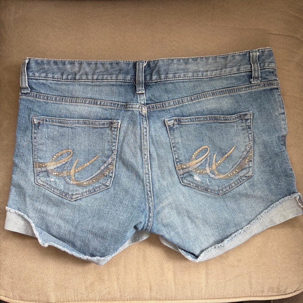 Express Light Blue Denim Shorts with Embellished Back Pockets